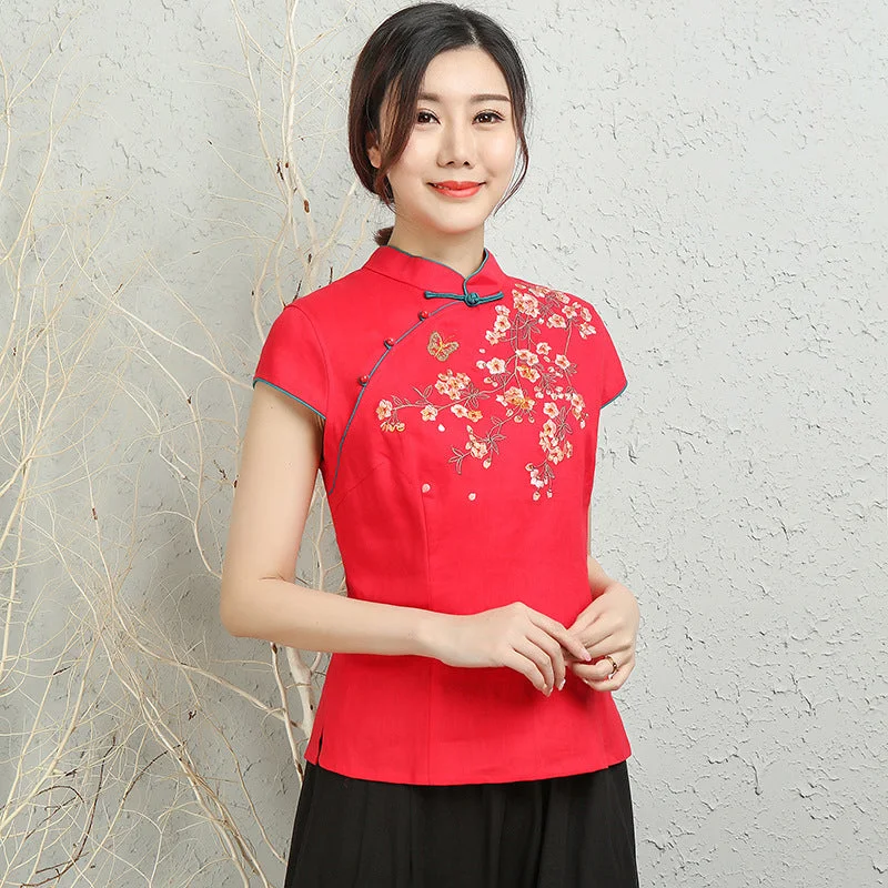 Cap Sleeve Floral Embroidery Cheongsam Top Traditional Chinese Blouse