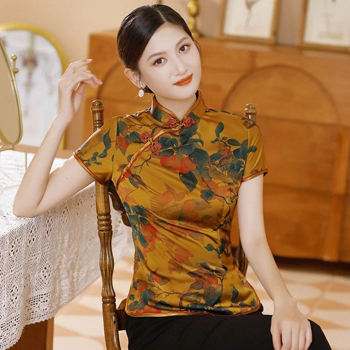 Cap Sleeve Mandarin Collar Floral Silk Cheongsam Top Retro Chinese Blouse