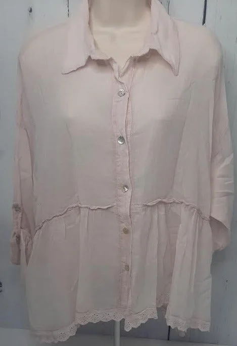 Shirt-Button Down-Peplum-Long Sleeve-Pink-Women's-80802PK