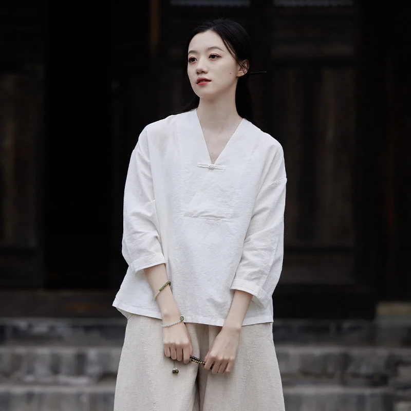 Cotton & Linen V Neck Loose Traditional Chinese Blouse