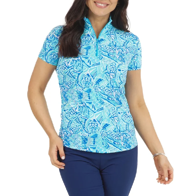 IBKUL Women's Krista Print Short Sleeve Zip Mock Neck - Blue/Turquois