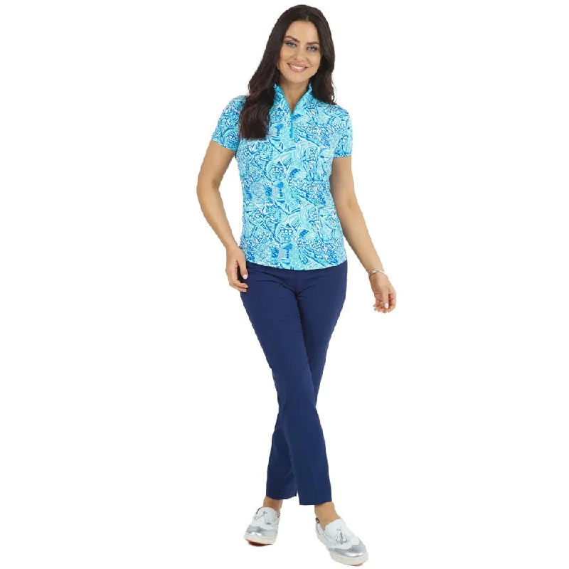 IBKUL Women's Krista Print Short Sleeve Zip Mock Neck - Blue/Turquois