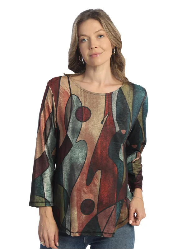 Jess & Jane - PS3-1867  - Women's Multicolored Abstract Tom Tom Round Neck Tunic