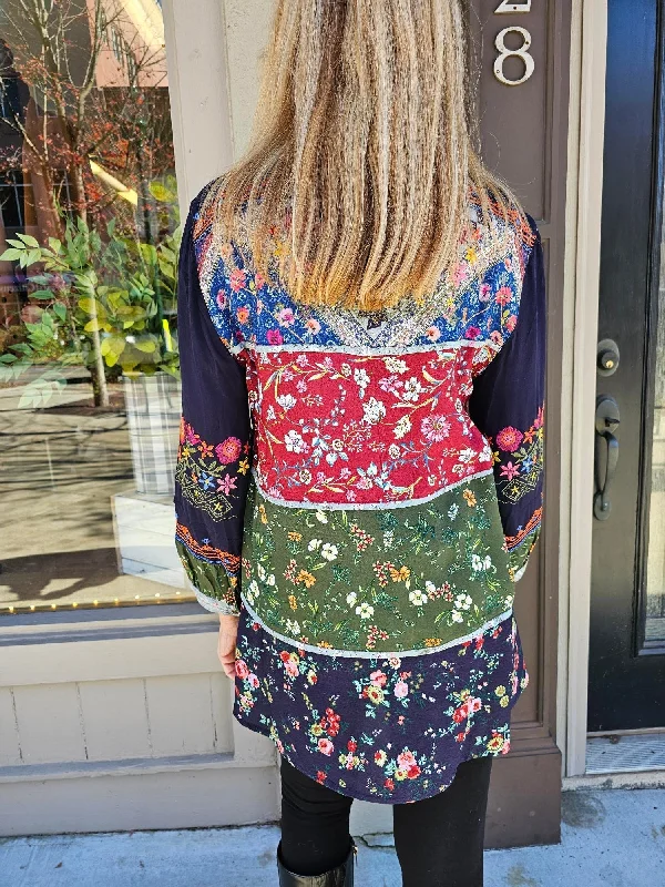 Women's Patch Floral Blue Green Red Tiered Tunic