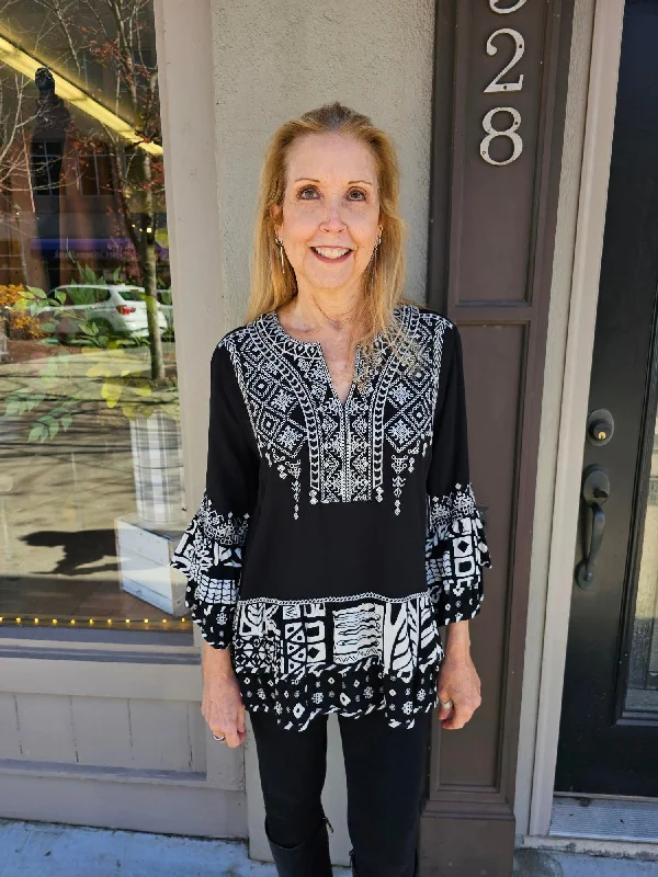 Women's Black and White Embroidered Tunic