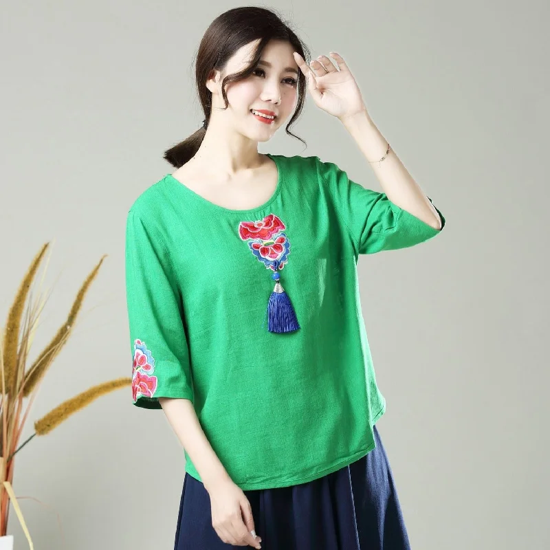 Round Neck Floral Embroidery Loose Chinese Blouse with Tassel