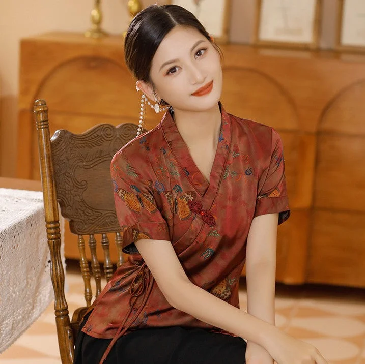 Short Sleeve V Neck Floral Silk Cheongsam Top Retro Chinese Blouse