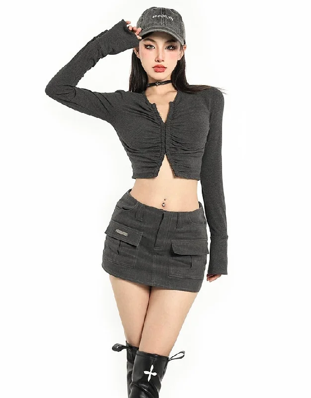 Sisi Grey Hook And Eye Long Sleeve Ruched Top