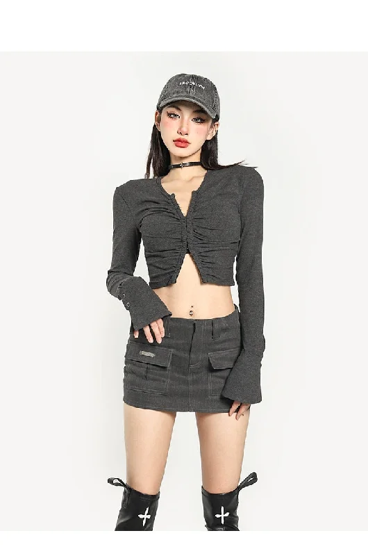 Sisi Grey Hook And Eye Long Sleeve Ruched Top