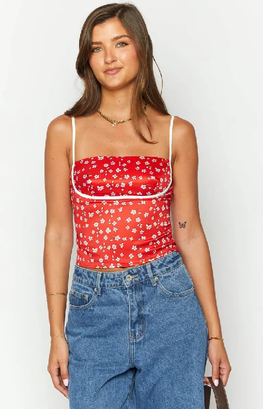 Tamra Red Floral Low Back Top