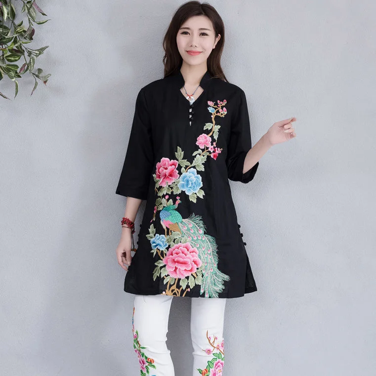 V Neck 3/4 Sleeve Floral Embroidery Long Chinese Blouse