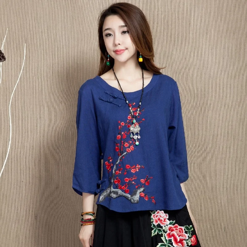 Wintersweet Embroidery 3/4 Sleeve Signature Cotton Chinese Style Blouse