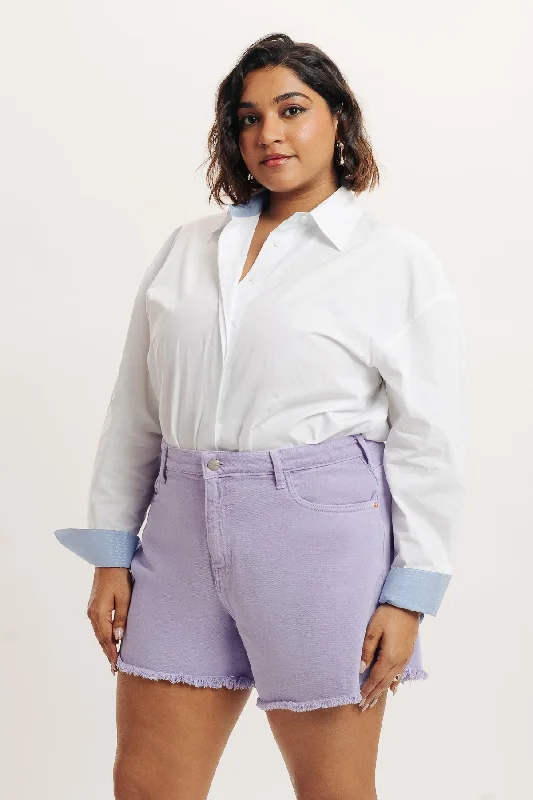 Denim Curve Frayed Hem Lavender Shorts