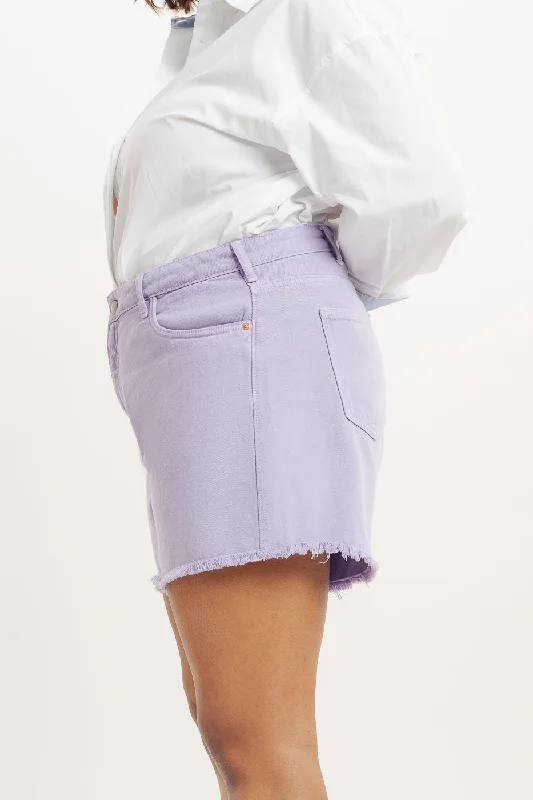 Denim Curve Frayed Hem Lavender Shorts