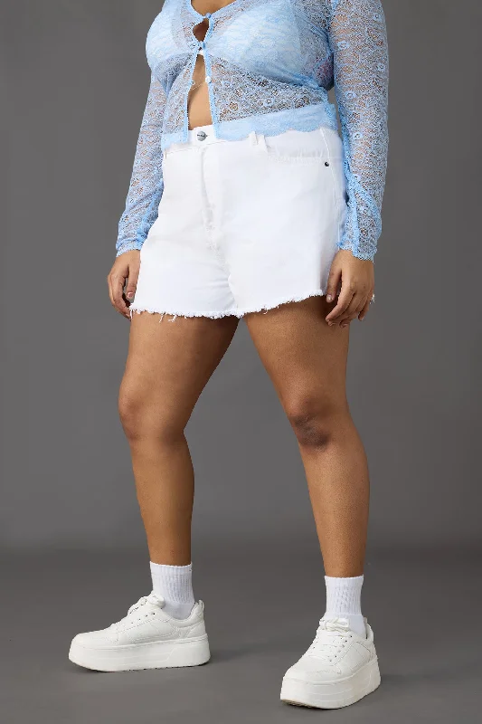 Curve Frayed Hem White Denim Hot Shorts