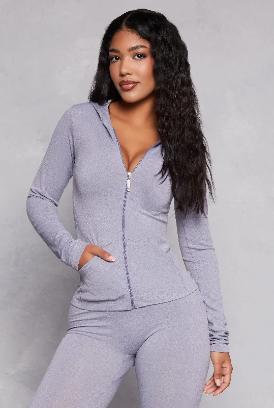 Seamless Ribbed Knit Zip Front Hooded Top