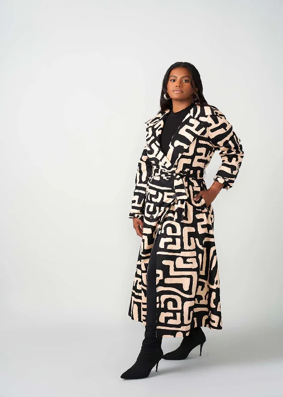 Maizah Women's African Print Maxi Trench Coat (Black Tan Geometric)