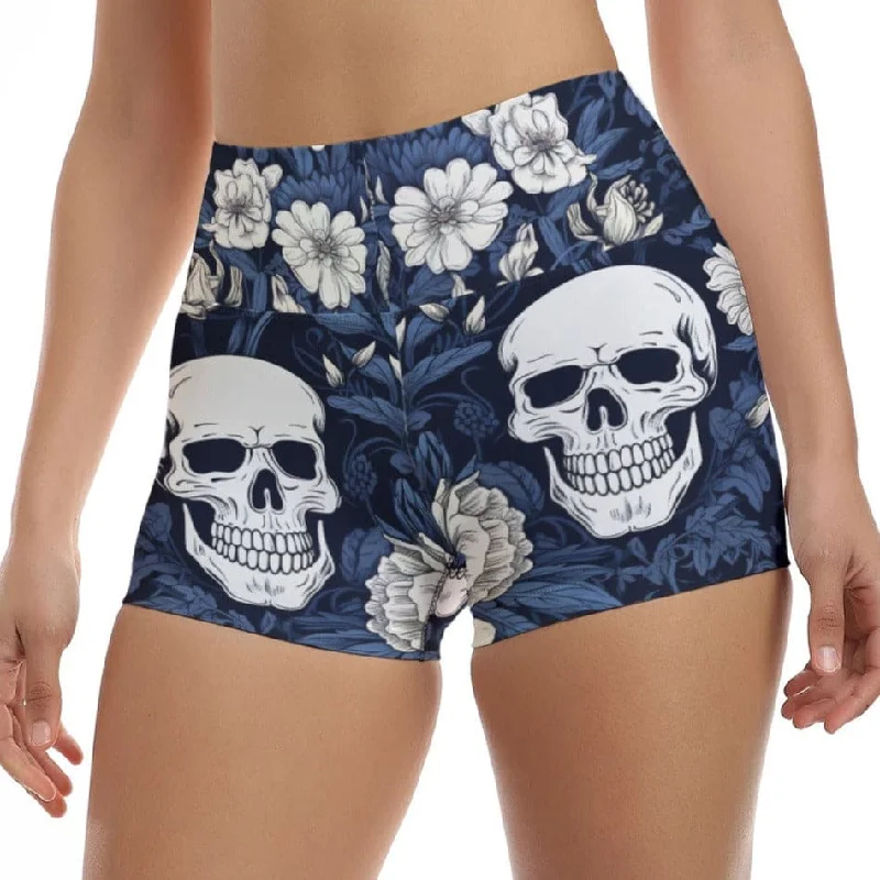 Women's Blue Pattern With Skull & Flowers Ultra-Short Yoga Shorts