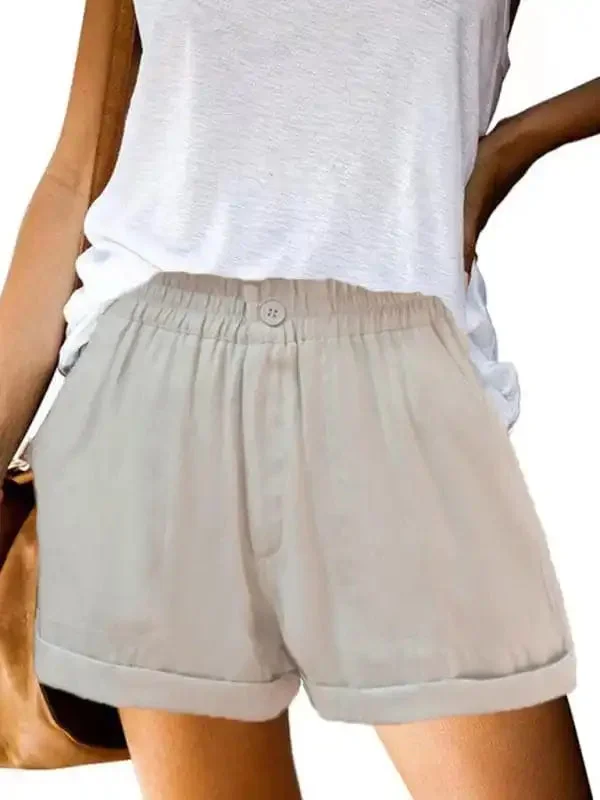 Women’s Elastic Solid Color Buckle Zipper Pocket Casual Shorts