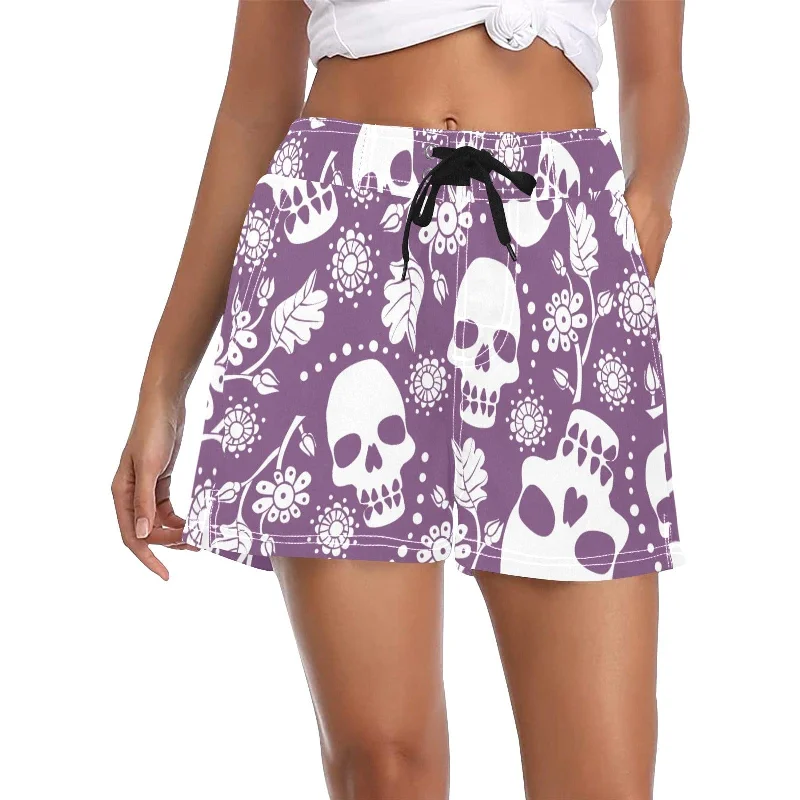 Women's White Skulls Purple Casual Board Shorts