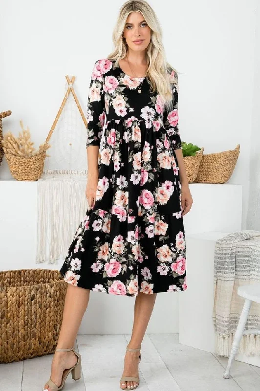 Tiered Midi Dress Style 286 in Black Floral