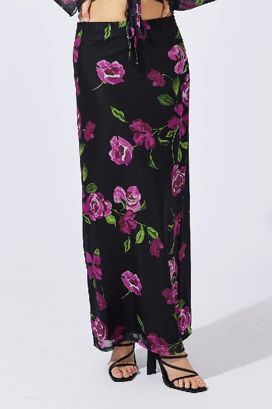 Black Floral Maxi Skirt High Rise Mesh