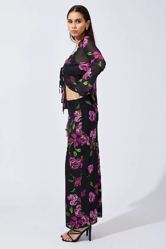 Black Floral Maxi Skirt High Rise Mesh