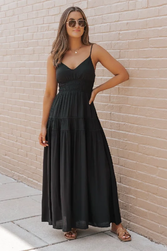 Black Shirred Waist Tiered Maxi Dress