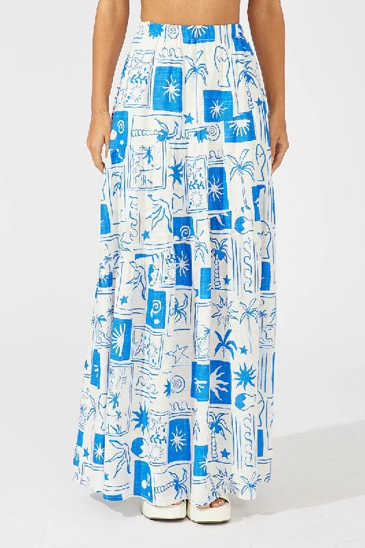 Blue Asymmetric Tiered Maxi Skirt