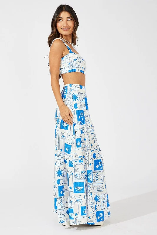 Blue Asymmetric Tiered Maxi Skirt