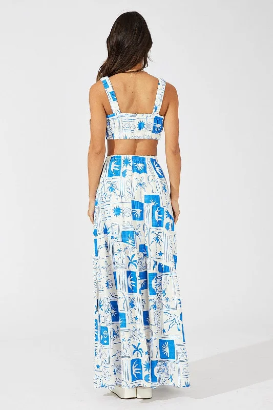 Blue Asymmetric Tiered Maxi Skirt