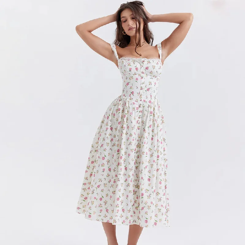 Lace Floral Print Dress Women Summer Sleeveless Strap Maxi Dress