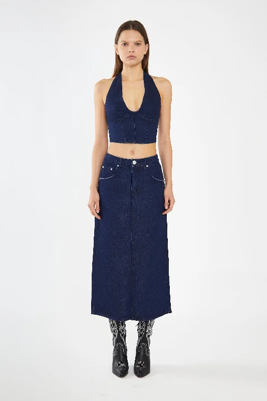 Indigo-Blue Front Split Denim Maxi-Skirt