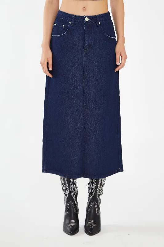 Indigo-Blue Front Split Denim Maxi-Skirt