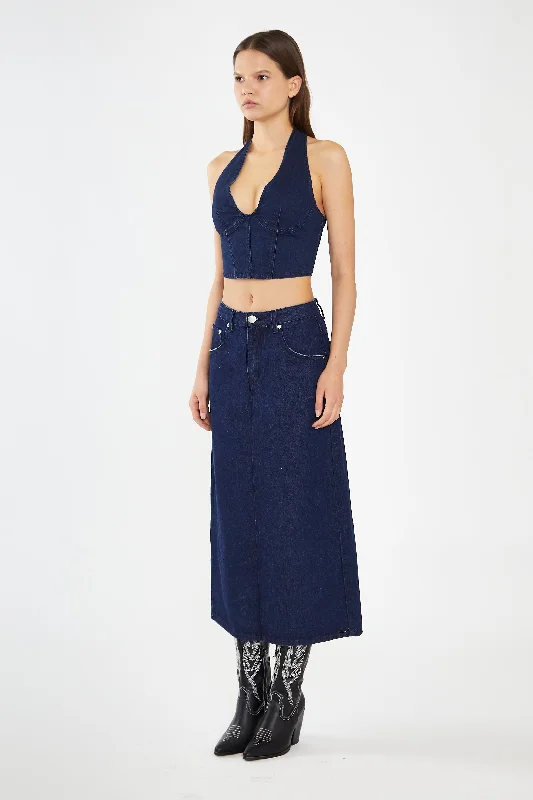 Indigo-Blue Front Split Denim Maxi-Skirt