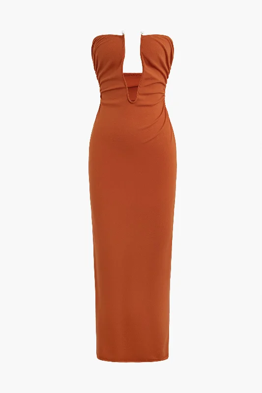 V-neck Ruched Strapless Maxi Dress