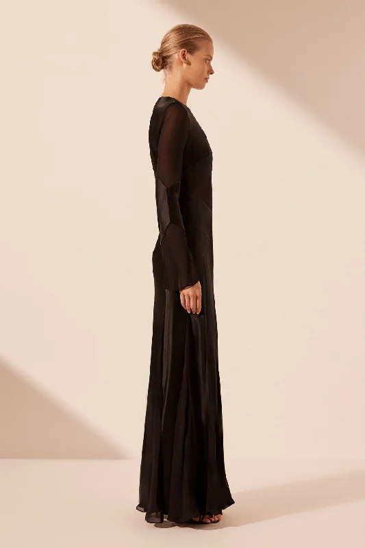 MORAYA GODET MAXI DRESS - BLACK