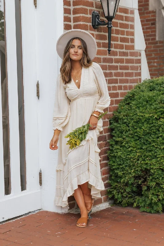 Natural Lace Embroidered Tiered Maxi Dress