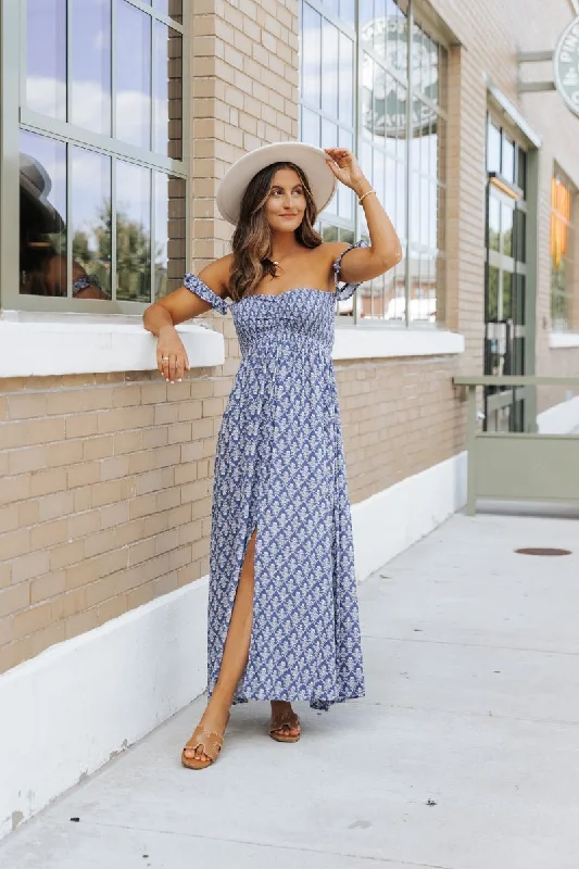 Navy Print Off The Shoulder Maxi Dress - FINAL SALE