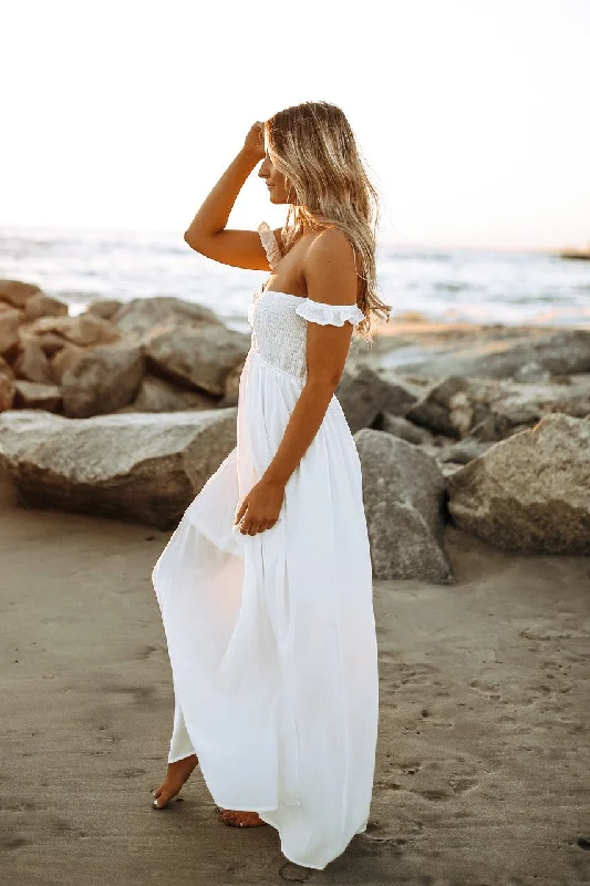 Odella Off Shoulder Dress: Smocked Maxi in Off White