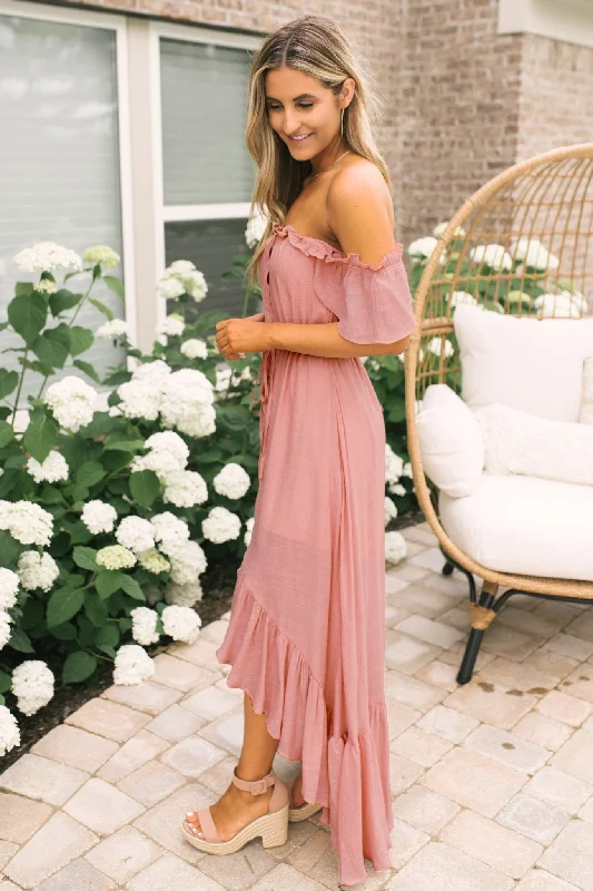 Blush Off the Shoulder Button Down High Low Maxi