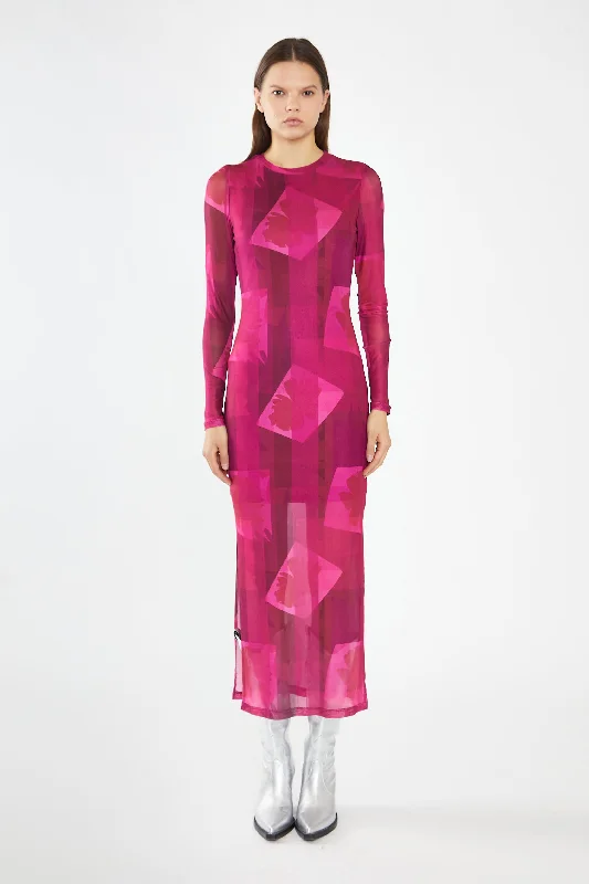 Pink-Block Mesh Crew-Neck Bodycon Maxi-Dress