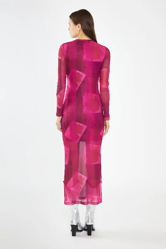 Pink-Block Mesh Crew-Neck Bodycon Maxi-Dress