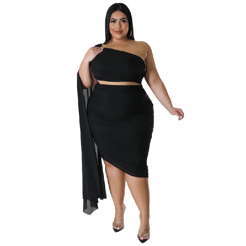 Plus Size Diagonal Collar Long Train Sleeve Wrinkle Two Piece Skirt Set