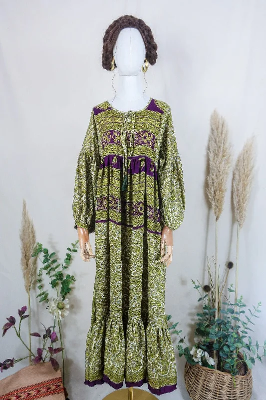 Poppy Smock Dress - Vintage Sari - Olive Green & Eggplant Paisley Floral - S/M