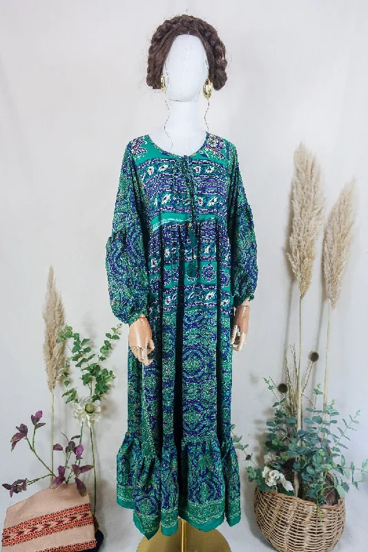 Poppy Smock Dress - Vintage Sari - Electric Green & Indigo Blue Paisley - S/M