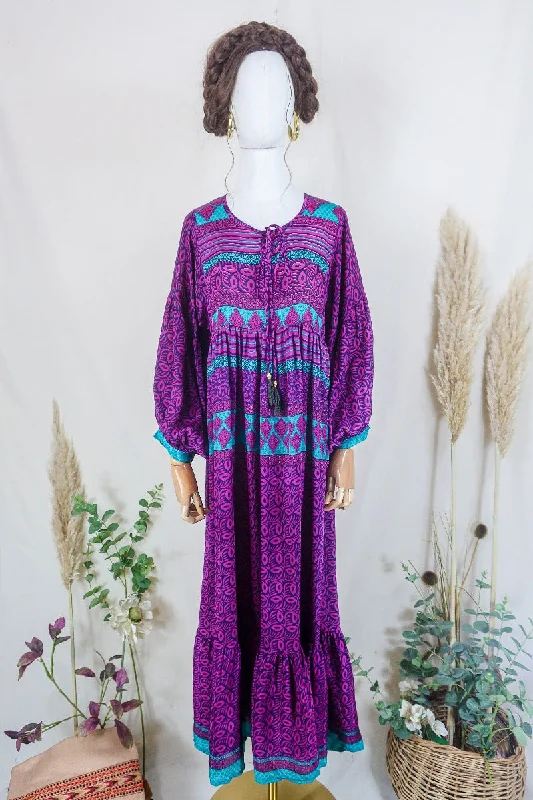 Poppy Smock Dress - Vintage Sari - Magenta & Aubergine Purple Botanical - XS