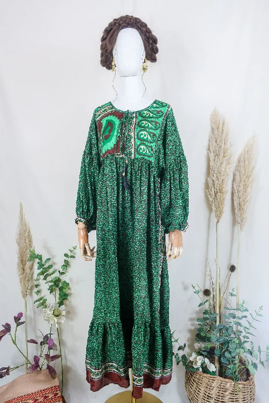 Poppy Smock Dress - Vintage Sari - Emerald Green & Chestnut Brown Paisley - XS