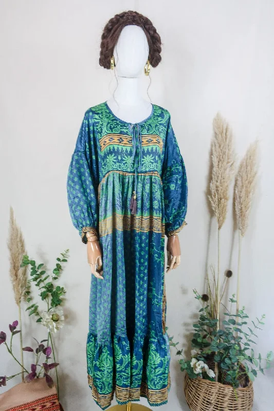 Poppy Smock Dress - Vintage Sari - Charcoal Blue & Emerald Green Floral - XS