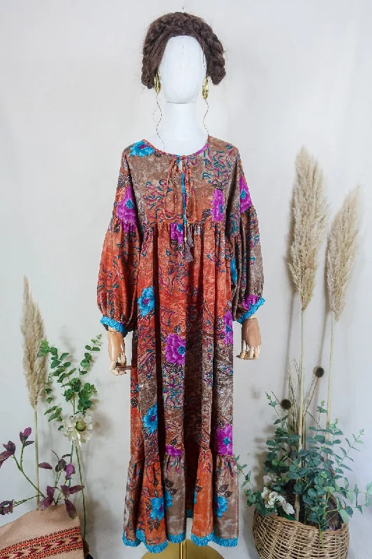 Poppy Smock Dress - Vintage Sari - Rust Orange & Fluorescent Floral - XS